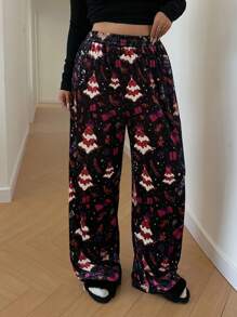 Flirla Plus Size Women Christmas Adorable Home Thickened Straight Leg Patterned Leggings, For Winter