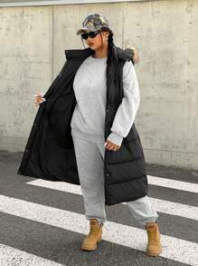 SHEIN EZwear Plus Size Hooded Contrast Fuzzy Trim Sleeveless Padded Vest, Winter Women Clothes