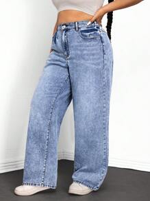 CovetEZ 大码休闲日常洗水斜口袋宽松直筒牛仔裤，春秋季 - 中等水洗藍 - 查看 5