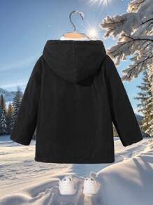 1pc Young Boys Casual Hooded Jacket, Thick Thermal Lined , Black, Practical, Suitable For Commute, School, Daily Casual, Kid Outfits, Young Boy Clothes, Back To School, School Uniform, Kindergarten, Birthday Party, Ceremony, Wedding, Christening, Suitable For School, Travel, Sports, Fall, Winter
