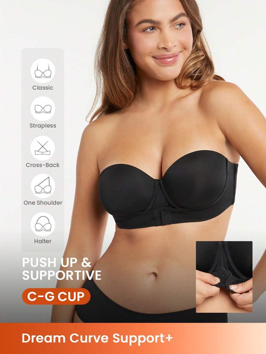 LUVLETTE Dream Curve Support + Strapless Front-Close Push-Up Black Basic Half Bra - Black - View 1