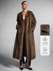 SHEIN BAE 女士复古服装纯色长袖口袋蓬蓬休闲外套皮草大衣秋季女装万圣节风俗女装冬季女装长款棕色暗纹复古皮草大衣，时尚又保暖 - 咖啡棕 - 查看 1