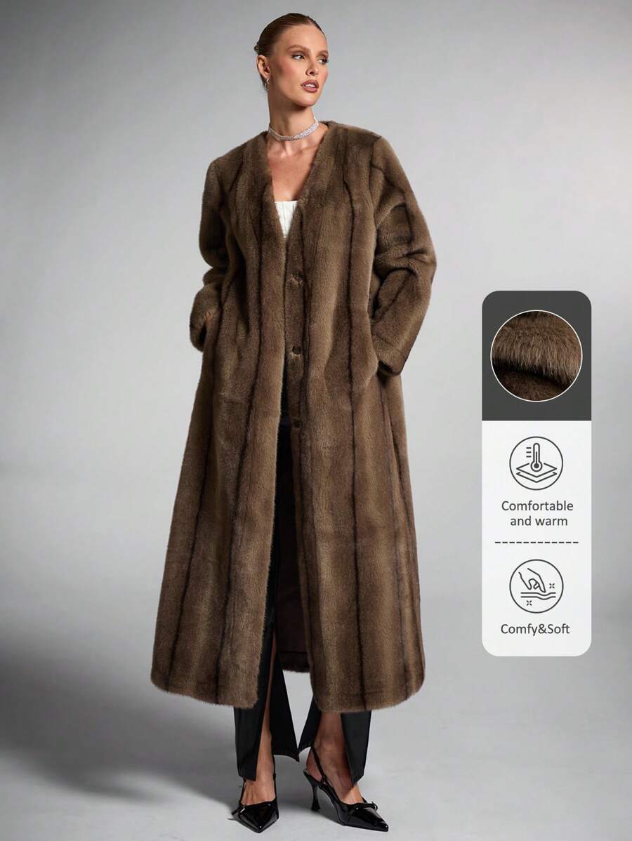 SHEIN BAE 女士复古服装纯色长袖口袋蓬蓬休闲外套皮草大衣秋季女装万圣节风俗女装冬季女装长款棕色暗纹复古皮草大衣，时尚又保暖 - 咖啡棕 - 查看 1