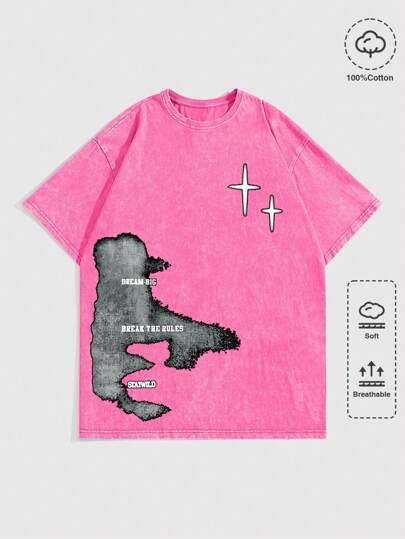 Street Life Men's High Street Vintage Distressed Snowflakes Printed Round Neck T-Shirt, Suitable For Casual Daily Wear In Spring And Summer, School