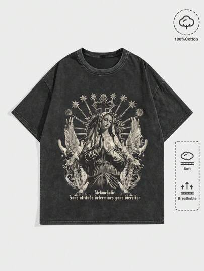 Academia Camiseta de cuello redondo con efecto desgastado y estampado de copo de nieve vintage, para hombre, apta para uso casual diario, primavera y verano, escuela
