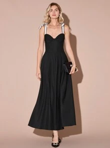 Enchnt Spring/Summer Romantic Women's Black Bustier Dress, Contrasting Lace Straps And Bow, Waist-Cinching A-Line Long Dress,Sweet&Elegant Outfit For Sweet Date Night &Wedding Guest Dress Women &Holiday & Graduation Dress&Daily Commuting&Vacation&Garden Parties & Concert Outfit Women