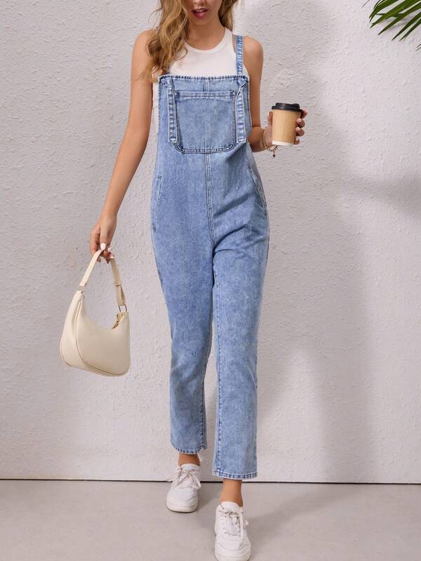 Women's Casual Washed Denim Bib Overalls