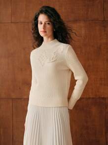 MOTF PREMIUM 羊毛纯色立领纹理针织毛衣 - 杏色 - 查看 4