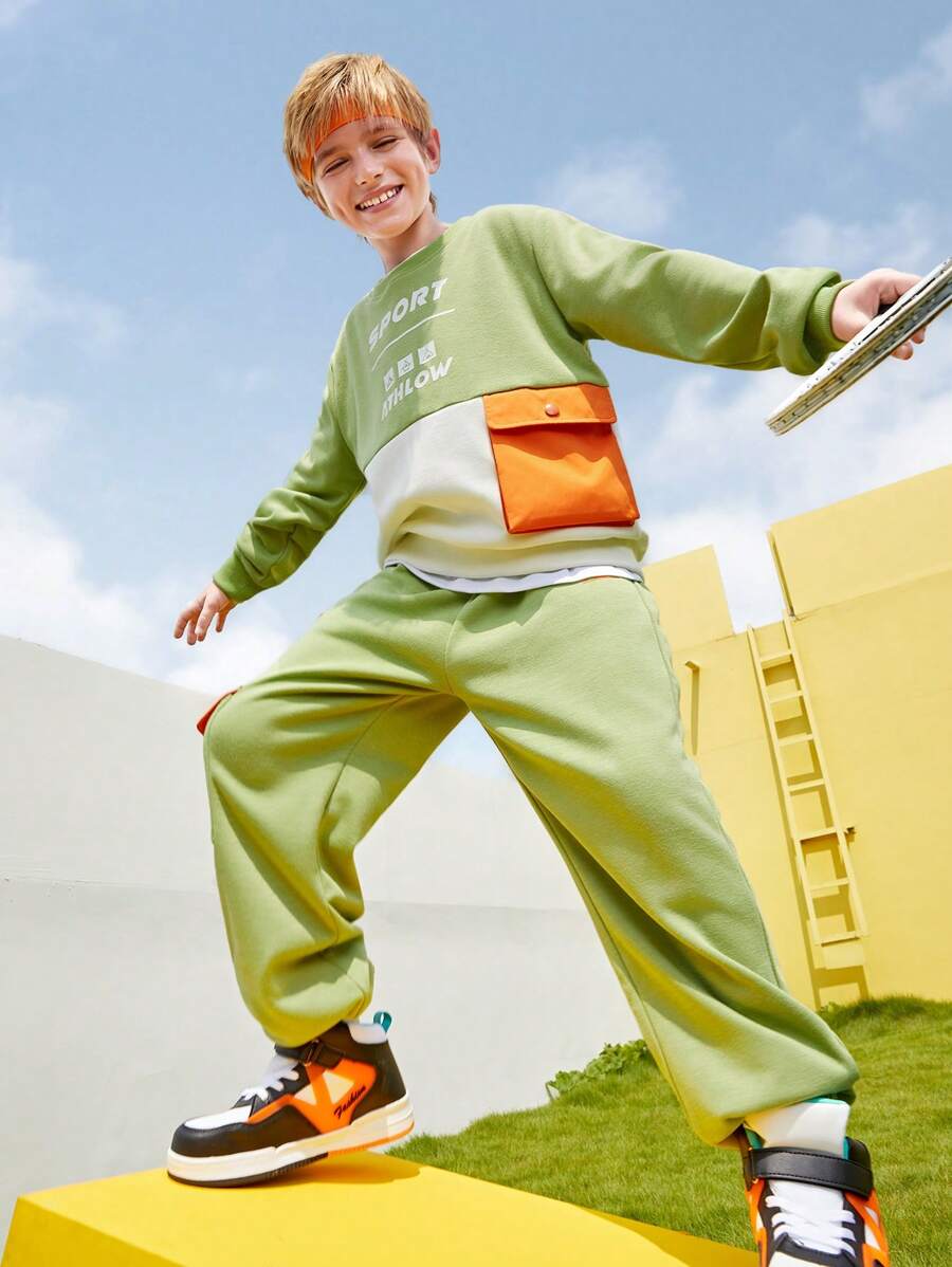 SHEIN 2pcs Boys' Outdoor Sports Set - Colorblock Warm Fleece Hooded Sweatshirt And Zip-Up Track Pants, Winter