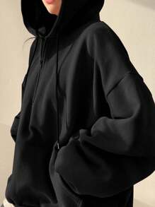 INAWLY Áo nỉ dài tay dáng rộng, lót giữ nhiệt, khóa kéo nửa thân, thích hợp cho mùa thu/đông, lễ tốt nghiệp, giáo viên, áo chui đầu mùa tựu trường. - màu đen - Xem 3