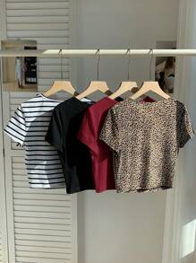 Comfortcana 4pcs/Pack Women Solid & Leopard Striped T-Shirt, Summer Fall Top - Multicolor - View 2