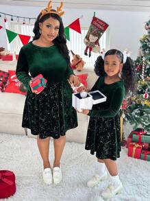 SHEIN LUNE 大码圆领长袖水晶装饰简约短款休闲连衣裙大码秋季女士连衣裙 - 綠色 - 查看 4