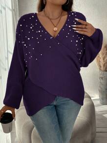 SHEIN Clasi Plus Size V-Neck Faux Pearl Decor Casual Pullover Sweater, Long Sleeve