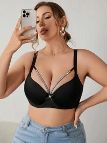 1pc Women Plus Size Minimalist Solid Color Gather Spliced Strap Underwire Bra