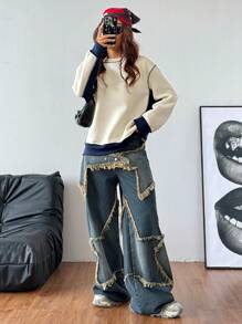 Muchica 女士秋冬 Y2K 撞色保暖内衬运动宽松运动衫 - 杏色 - 查看 2