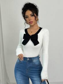 Elenzga Áo len nữ dáng ôm cổ chữ V, chất liệu dệt kim gân, có nơ trang trí, màu trắng, tay dài, thích hợp mặc mùa thu đông. - trắng - Xem 4