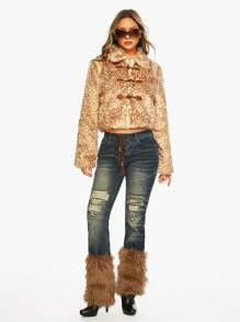 ROMWE J-Fashion Y2K Vintage Harajuku Deer Faux Fur Coat With Horn Buttons, Regular Fit Women Outerwear, Suitable For Winter - Brown - View 6