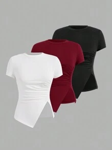 SHEIN Essnce 3 件套休闲纯色褶皱不对称短袖 T 恤 - 彩色 - 查看 3
