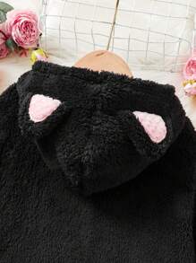 SHEIN Tween Girl Loose Collar Bow Ear Decor Black Warm Winter Jacket, Pink - Black - View 4