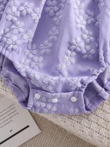 SHEIN 女婴优雅提花蝴蝶结连体衣，非常适合生日派对、秋冬季 - 紫色 - 查看 5