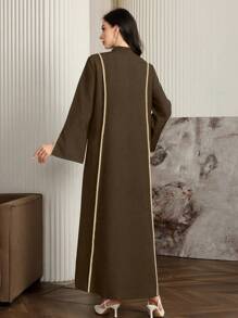 Al Najma 女式 V 领边饰设计开衩长袖宽松阿拉伯连衣裙，端庄优雅的 A 字型长款阿拉伯连衣裙，适合休闲日常/家居服 - 駝色 - 查看 2