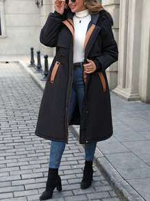 SHEIN LUNE Plus Size Winter Clothes Warm Color Block Zip-Up Drawstring Hooded Padded Padded Coat - Black - View 4