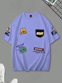 Manfinity Hypemode maglietta estiva ampia da uomo con grafica di cartoni animati e slogan, spalle scoperte