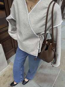 SHEIN Frenchy Veste croisée décontractée pour femmes en automne, avec blocs de couleurs et passepoil - Gris - Voir 4