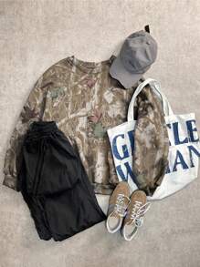 SHEIN EZwear Casual Forest Leaf Pattern Round Neck Loose Fit Long Sleeve Sweatshirt For Women, Autumn/Winter