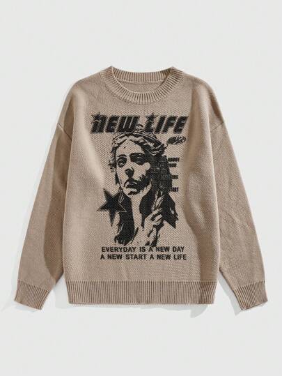 Street Life Jersey de cuello redondo con estampado gráfico de manga larga para hombres, otoño/invierno