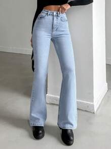 EURMUSE Plain Pocket Casual Flared Leg Jeans - Light Wash - View 3