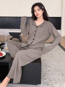 DAZY Simple Front Open Long Sleeve Pajama Set