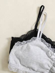 SHEIN 2 件装少女法式简约蕾丝边褶皱加垫文胸内衣套装 - 灰色 - 查看 5