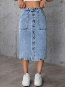 Women Casual Retro Washed Button A-Line Midi Skirt, Versatile Styling, Suitable For Valentine's Day, Youthful & Energetic - Blue - View 3