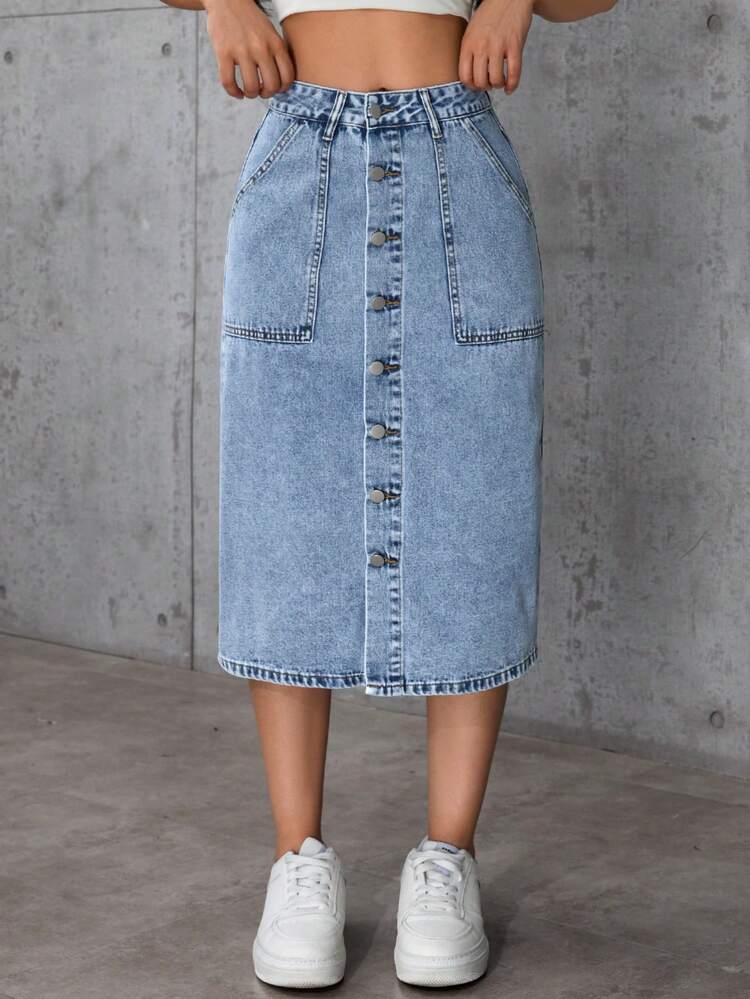 女士休闲复古水洗纽扣 A 字中长裙，百搭造型，适合情人节，青春活力 - 藍色 - 查看 3