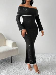 SHEIN Lady 黑色撞色船领连衣裙，修身剪裁，优雅鱼尾下摆女式中长连衣裙黑色长袖连衣裙黑色闪亮连衣裙黑色长袖连衣裙 - 黑色 - 查看 5
