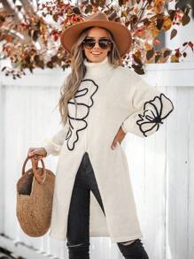 SHEIN VCAY 花卉印花高领落肩开衩大腿长度毛衣 - 白色 - 查看 3