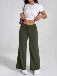 SHEIN PETITE Quần ống đứng loe cạp cao màu trơn - Màu xanh Ô liu - Xem 3