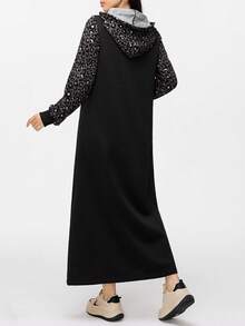 Mulvari Women Casual Leopard Patchwork Drawstring Hooded Sweatshirt Dress Suitable For Autumn Pullover Fall Outfit - Black - View 4