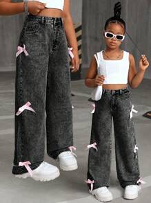 SHEIN Tween Girl Y2K Fashion Stone-Washed Baggy Denim Straight Leg Jeans With Bowknot Decorated Pockets, Fall Clothes Back To School - Grey - View 1