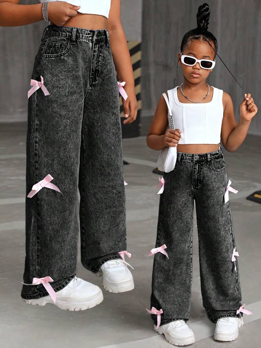 SHEIN Tween Girl Y2K Fashion Stone-Washed Baggy Denim Straight Leg Jeans With Bowknot Decorated Pockets, Fall Clothes Back To School - Grey - View 1