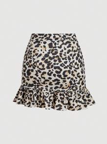 SHEIN MOD Women Leopard Print Pleated Ruffle Hem Short Denim Skirt - Multicolor - View 2