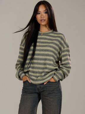 MUSERA Oversized Crew Neck gestreifter Pullover, lässiger Y2K 90er Stil, gestreift, oversized, für Flughafen, Herbst, Winter, Alltag, Weihnachten, Arbeit, Halloween