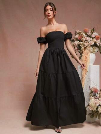 L'Amorae 女士纯色露肩荷叶边下摆连衣裙