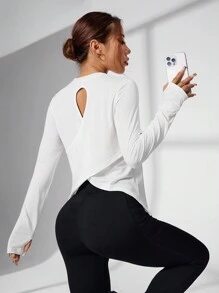 Sovereign Charm 女士纯色简约休闲交叉带运动长袖 T 恤健身背心 - 白色 - 查看 7