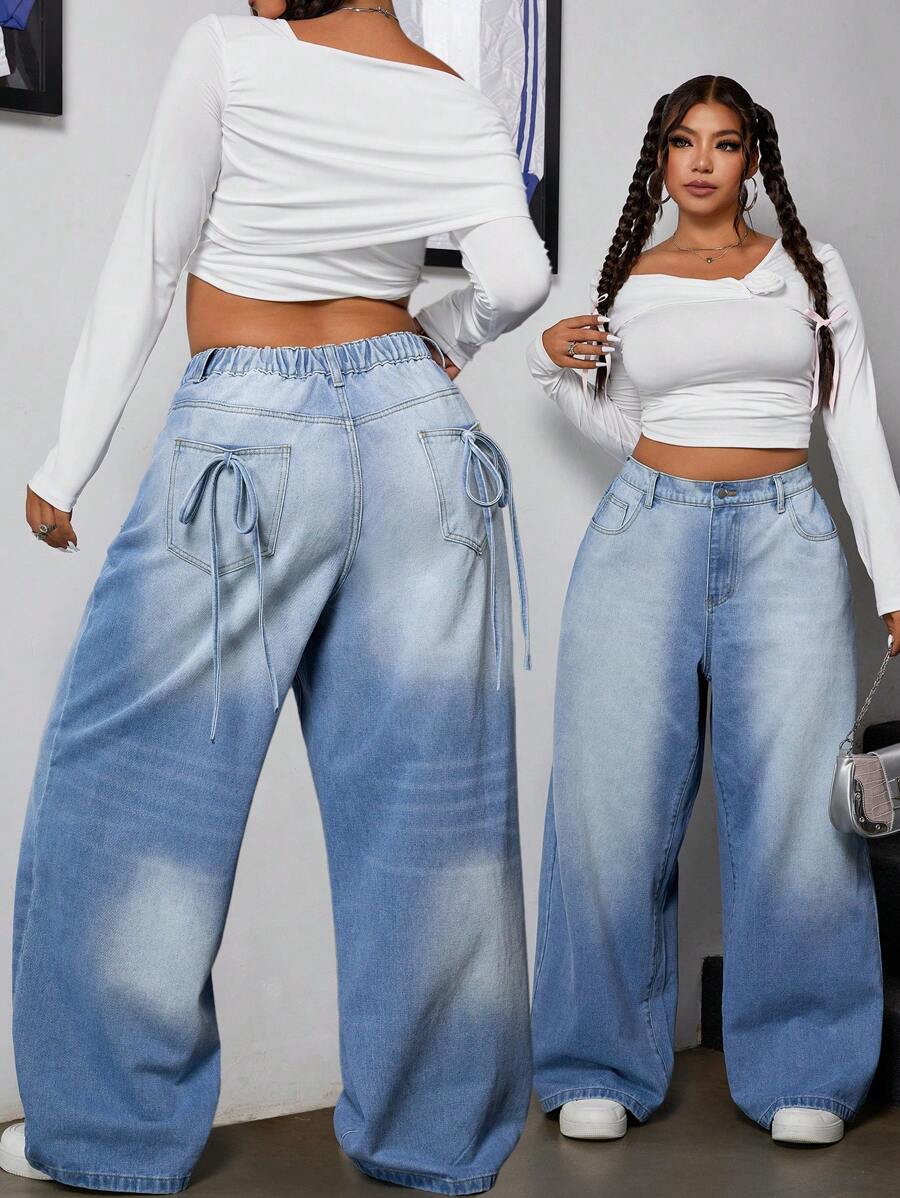 SHEIN ICON Plus Size Vintage Distressed Bowknot Denim Jeans - Medium Wash - View 1