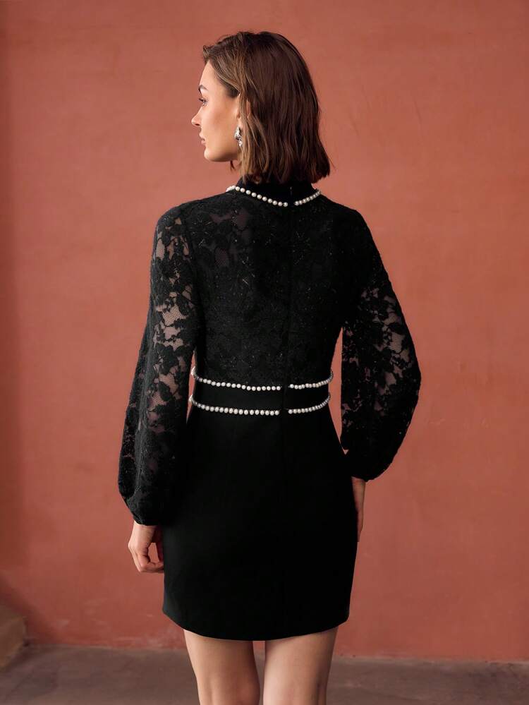 MOCK NECK FAUX PEARL DETAIL LACE BODICE LANTERN SLEEVE SHORT DRESS
