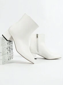 CUCCOO BIZCHIC Women New Short Boots Fashion Simple Versatile Commute Work Casual White Pointy Toe Mid Chunky Low Heel Ankle Riding Booties For And Spring Shoes Spring Break Easter - White - View 6