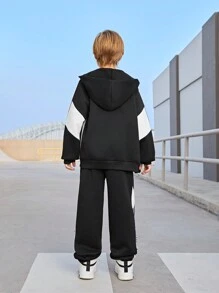 SHEIN Bộ đồ thể thao dệt kim đơn sắc, thoải mái, thường ngày dành cho bé trai tuổi teen, thích hợp cho chạy bộ, đạp xe. - Đen và trắng - Xem 2