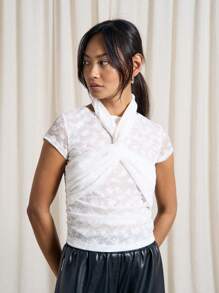 AiiRZ 花卉蕾丝盖袖 T 恤芭蕾裹身细节高领修身女性场合特殊活动优雅晚会春夏婚礼宾客 - 白色 - 查看 1